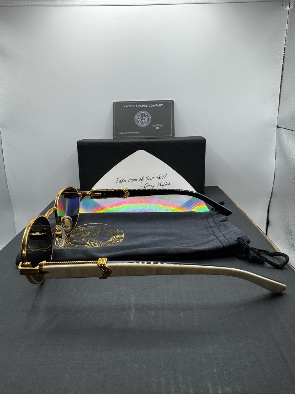 1 of 1 Vintage Frames Co Buffalo Horn Sunglasses Black & White Split Buffs 24K