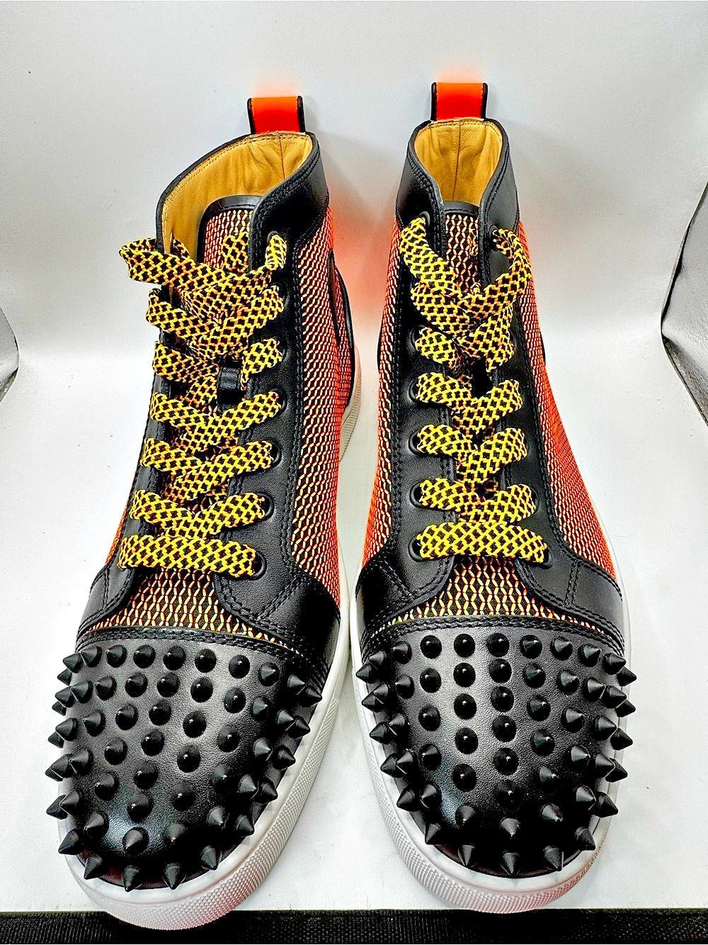 Christian Louboutin Fun Lou Spikes Flat Reflex Orange High Top Sneaker EU 42