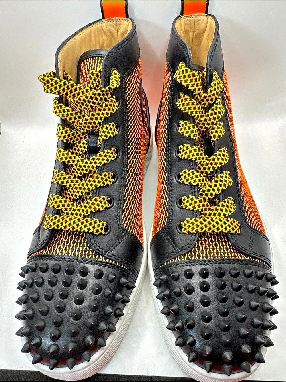 Christian Louboutin Fun Lou Spikes Flat Reflex Orange High Top Sneaker EU 42