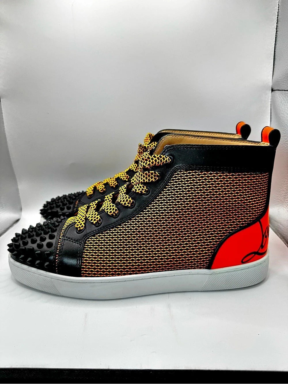 Christian Louboutin Fun Lou Spikes Flat Reflex Orange High Top Sneaker EU 42