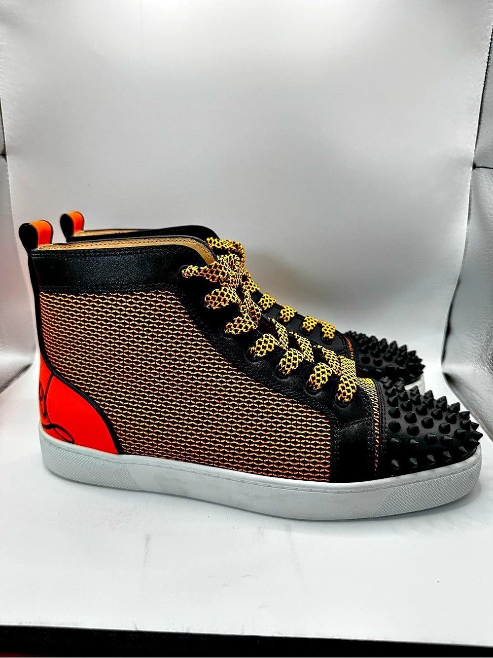 Christian Louboutin Fun Lou Spikes Flat Reflex Orange High Top Sneaker EU 42