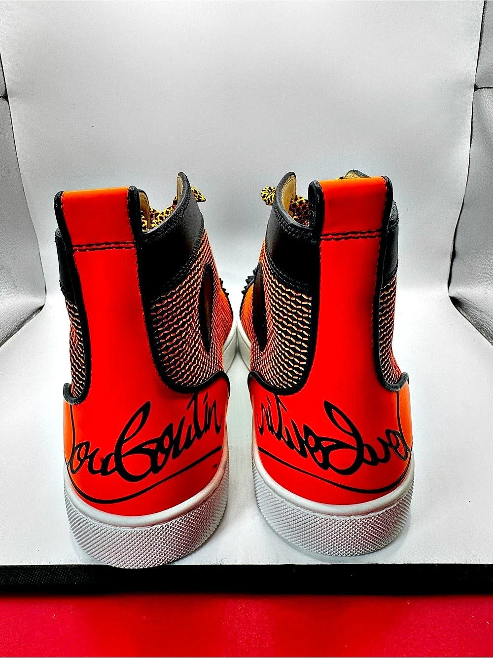 Christian Louboutin Fun Lou Spikes Flat Reflex Orange High Top Sneaker EU 42