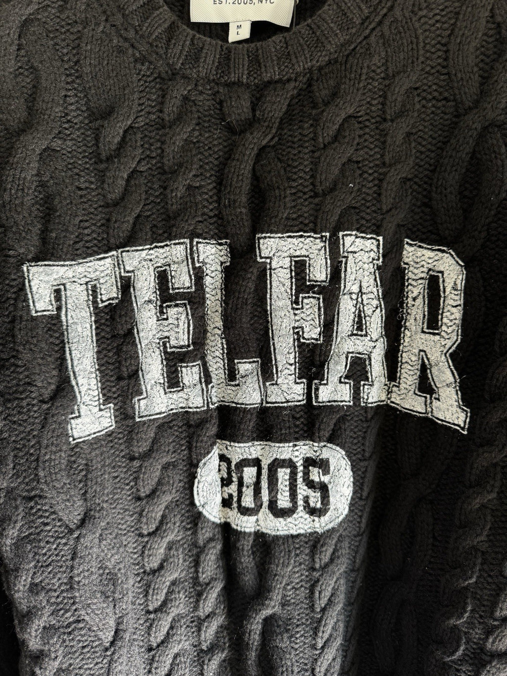 Telfar Cable Knit Thumbhole Sweater Black Logo M/L NWT