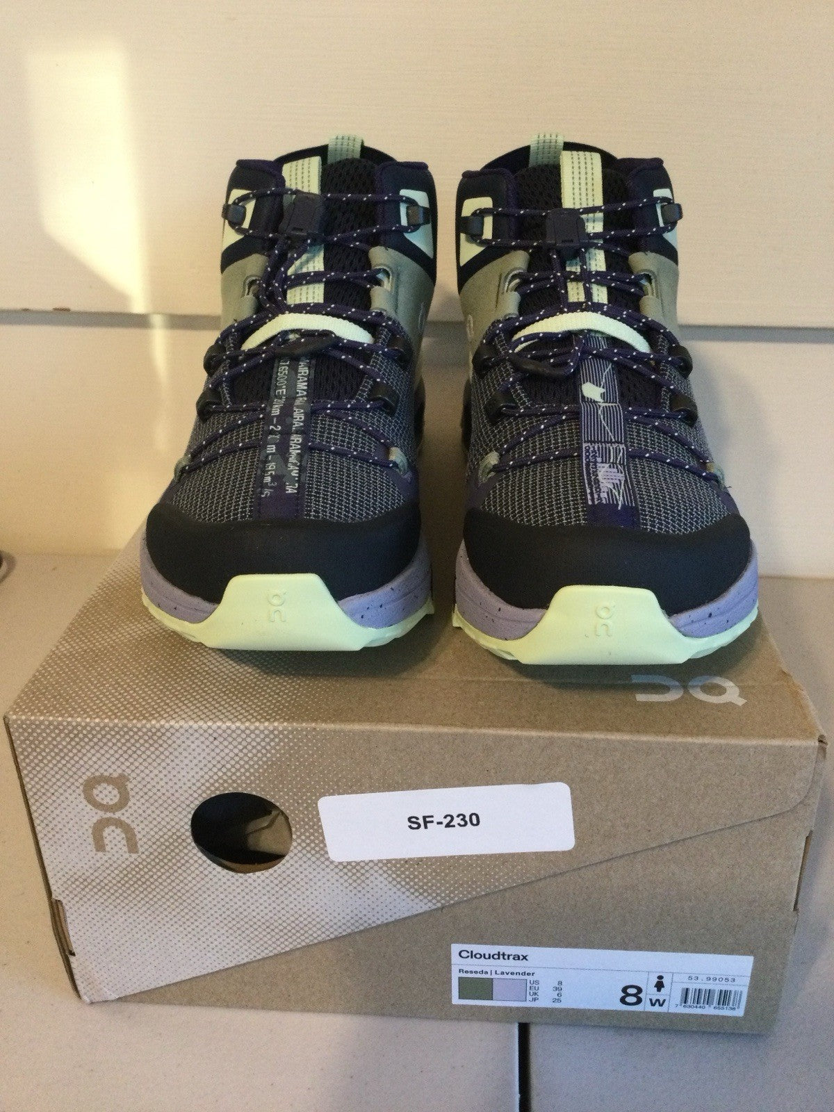 On Running Cloudtrax Mid Hiking Boot Lavender & Olive Green Women's US 8