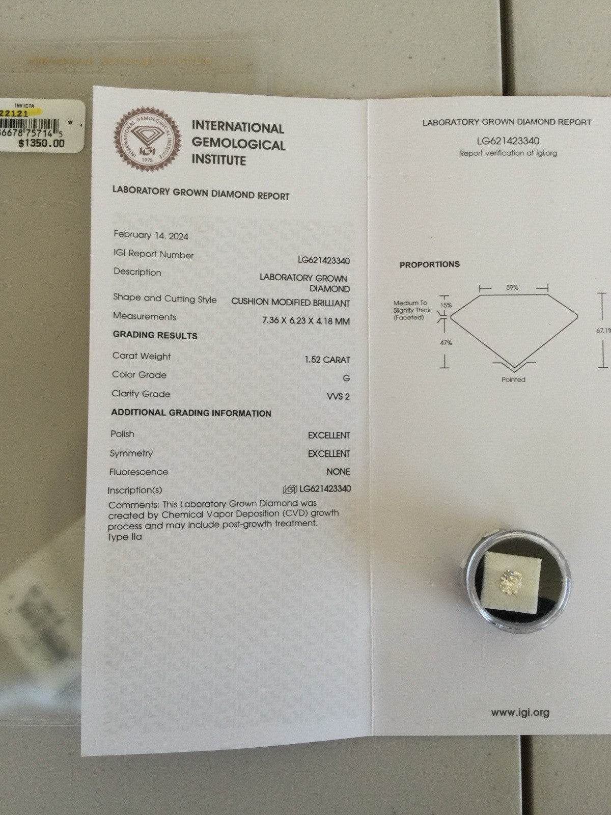 Loose Lab-Grown Diamond 1.52 Ct Cushion G VVS2 IGI Certified LG621423340