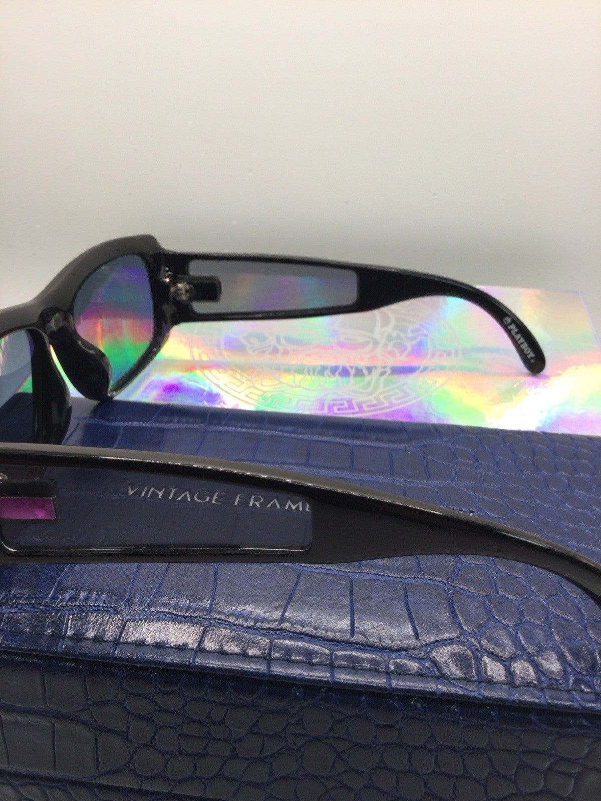 Versace Rectangle Sunglasses Black Frame Blue Tinted Lenses VE4370