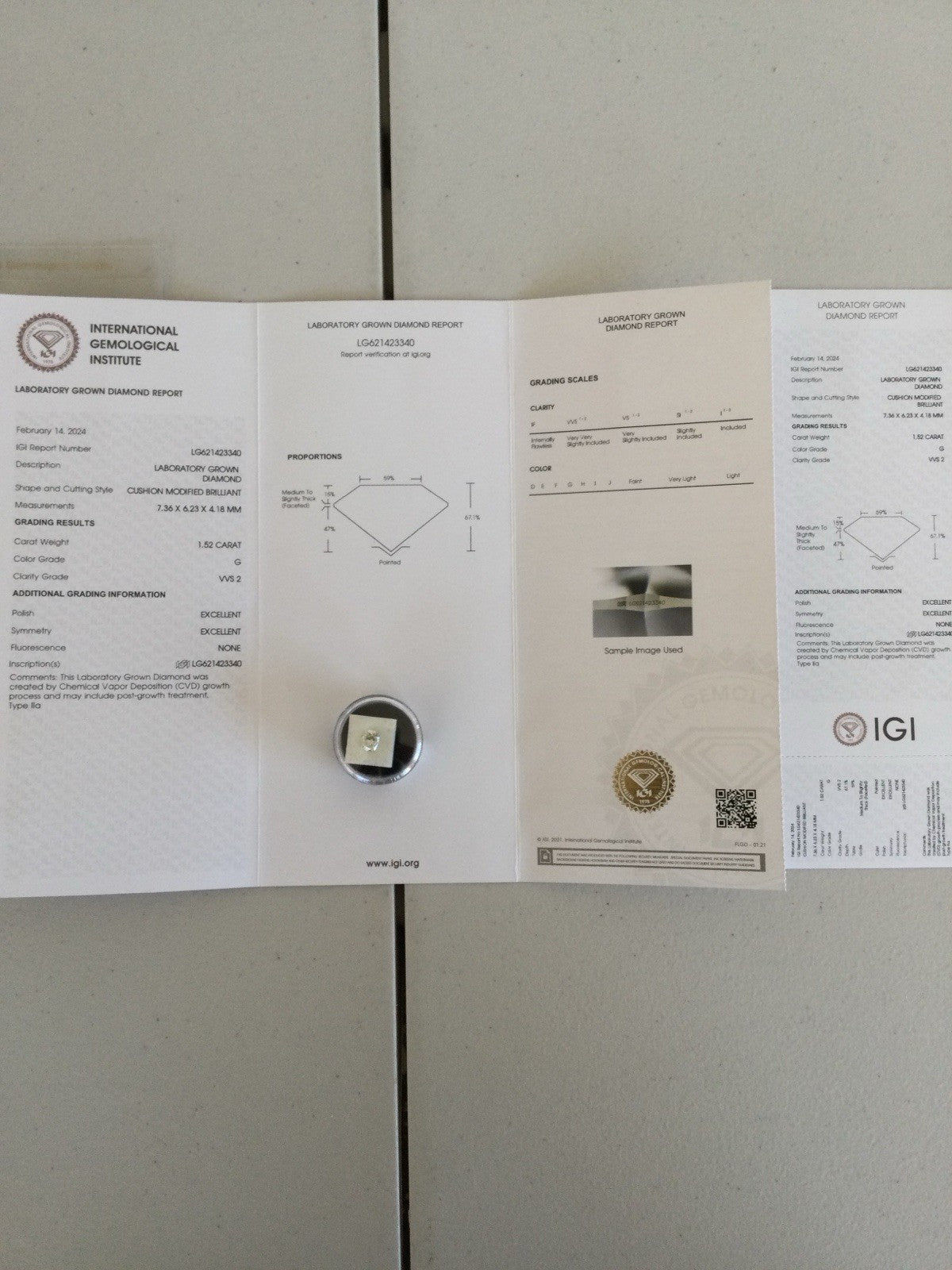 Loose Lab-Grown Diamond 1.52 Ct Cushion G VVS2 IGI Certified LG621423340