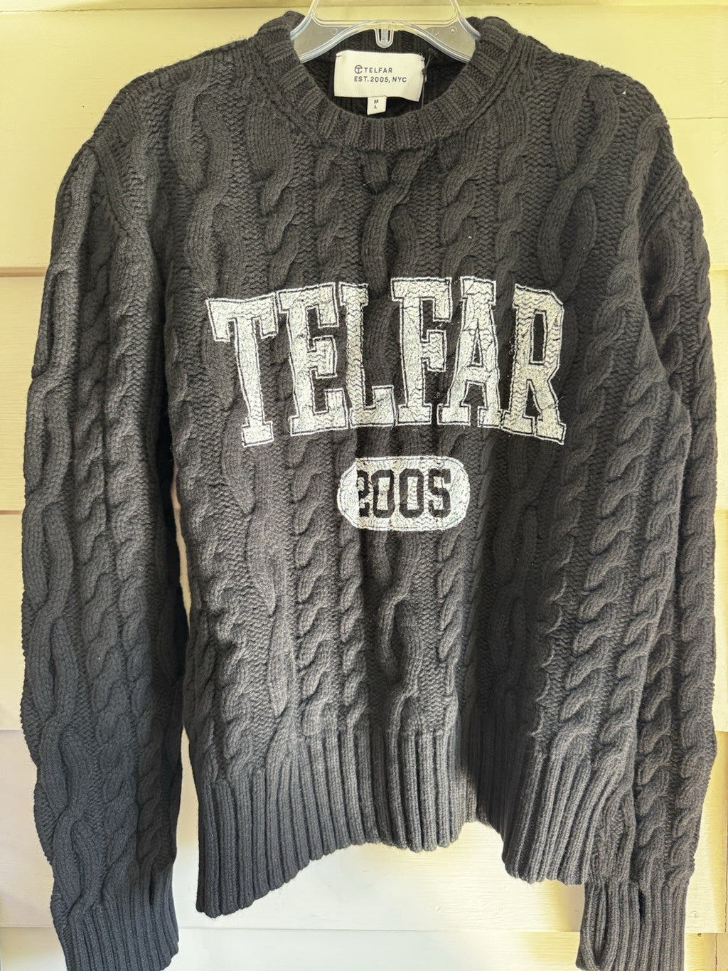 Telfar Cable Knit Thumbhole Sweater Black Logo M/L NWT