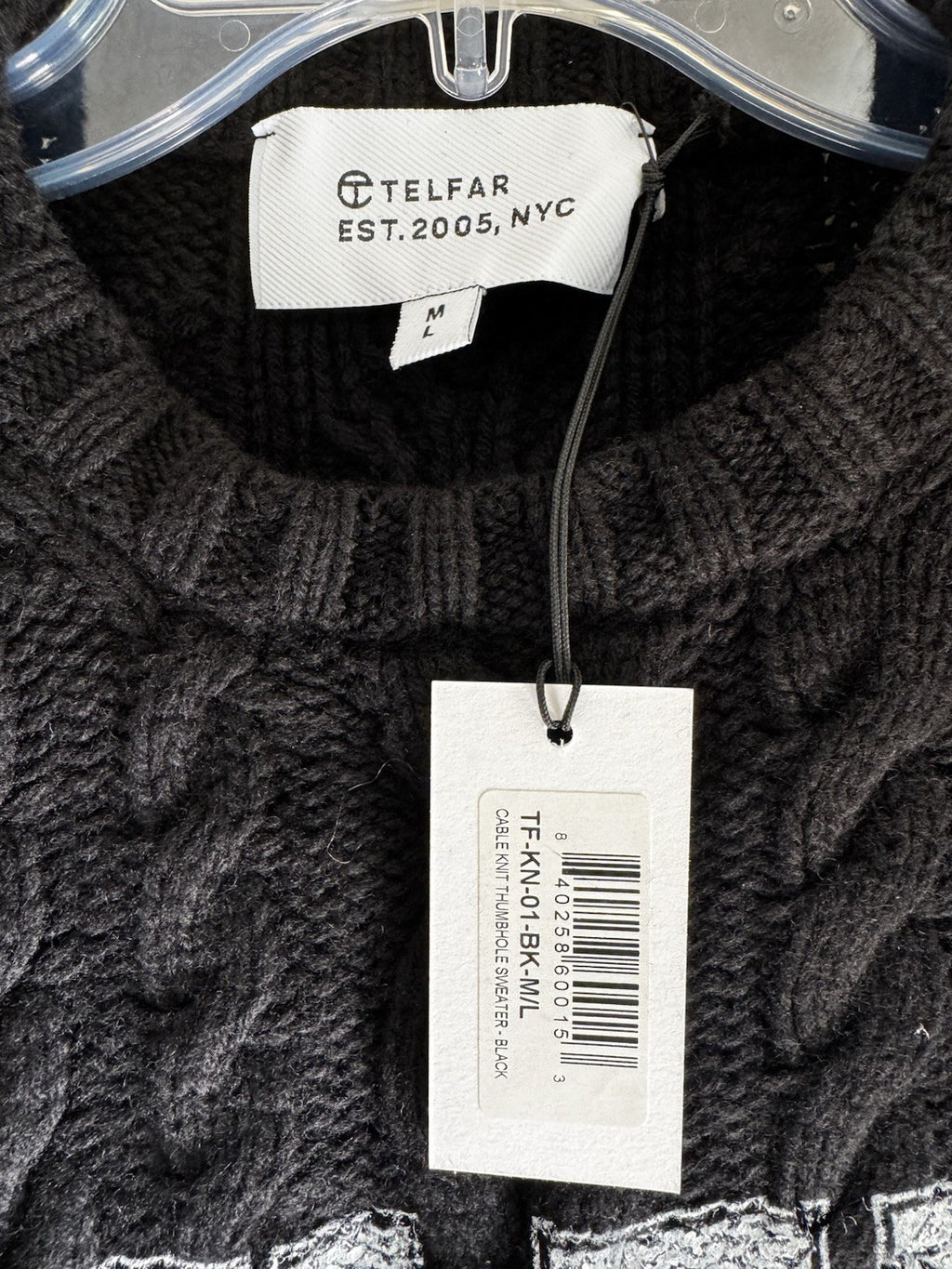 Telfar Cable Knit Thumbhole Sweater Black Logo M/L NWT