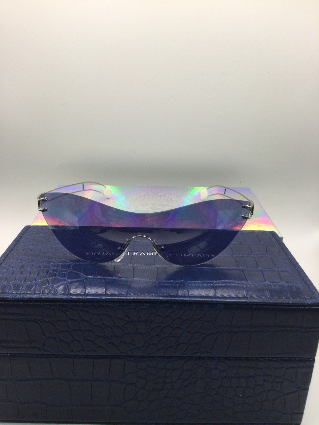 Vintage Frames Company Rimless Shield Sunglasses Silver Mirrored Blue