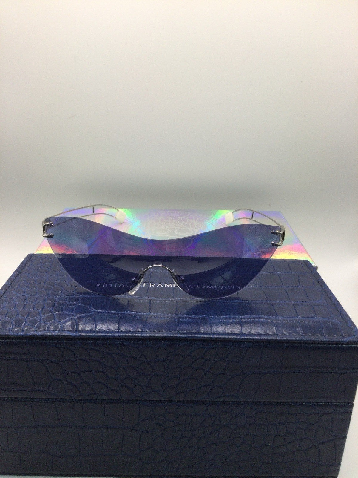 Vintage Frames Company Rimless Shield Sunglasses Silver Mirrored Blue