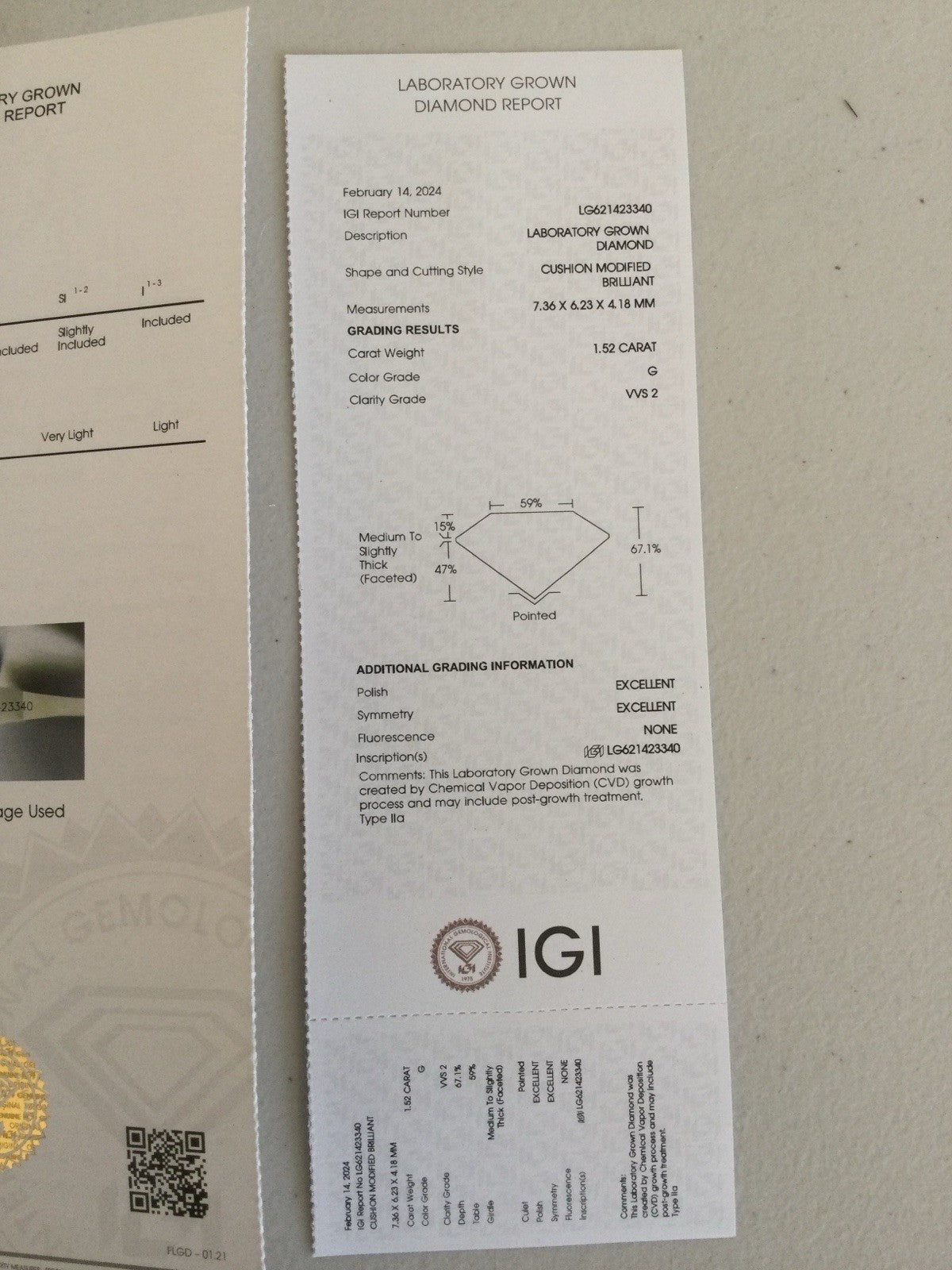 Loose Lab-Grown Diamond 1.52 Ct Cushion G VVS2 IGI Certified LG621423340