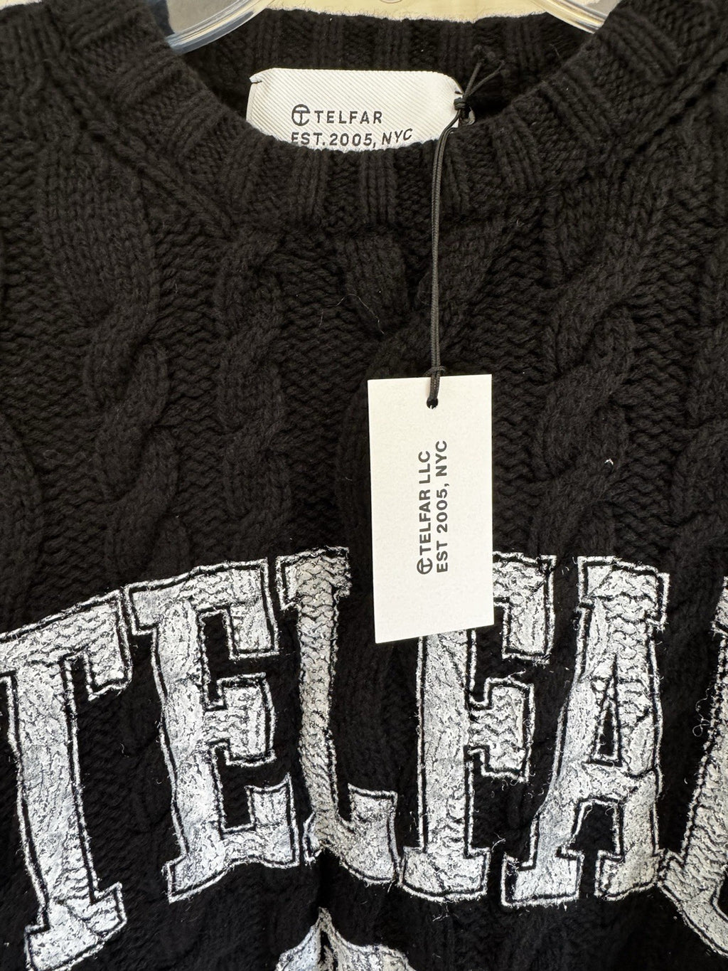 Telfar Cable Knit Thumbhole Sweater Black Logo M/L NWT